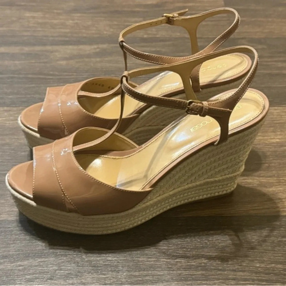 Sergio Rossi Nude Tan Leather T-Strap Wedge Espadrille Ankle Strap Sandals